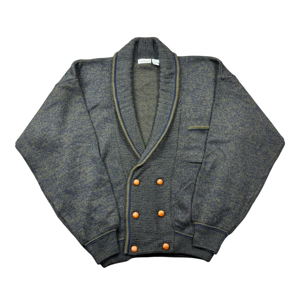 Vintage Cacharel Men Large Shawl Collar Cardigan Wool Blend Green Blue Heathered